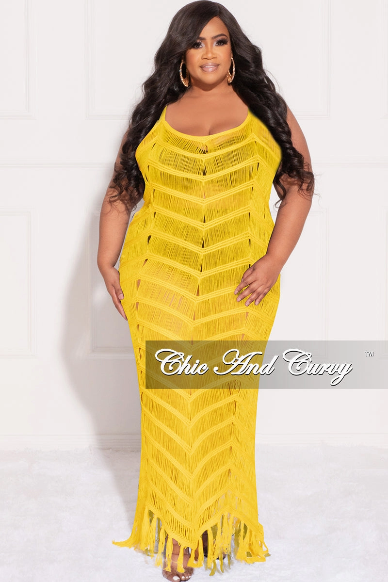 Non Tapered Leg Layered Comfort Final Sale Plus Size Spaghetti Strap Open Stitch Crochet Cover Up in Yellow