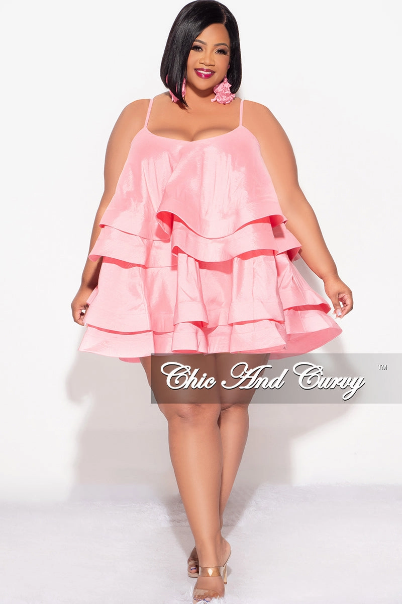 Ripstop Reinforcement Final Sale Plus Size Spaghetti Strap Tiered Ruffle Mini Dress in Pink
