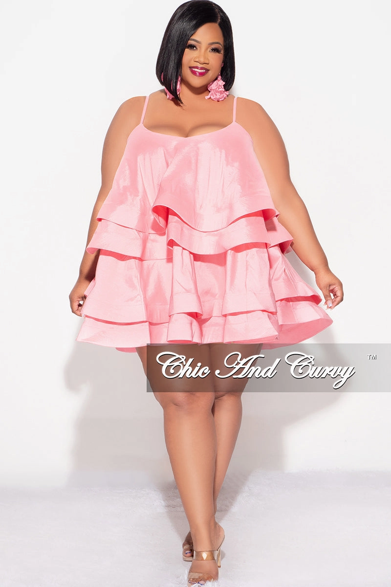 Final Sale Plus Size Spaghetti Strap Tiered Ruffle Mini Dress in Pink Casual Performance Wear