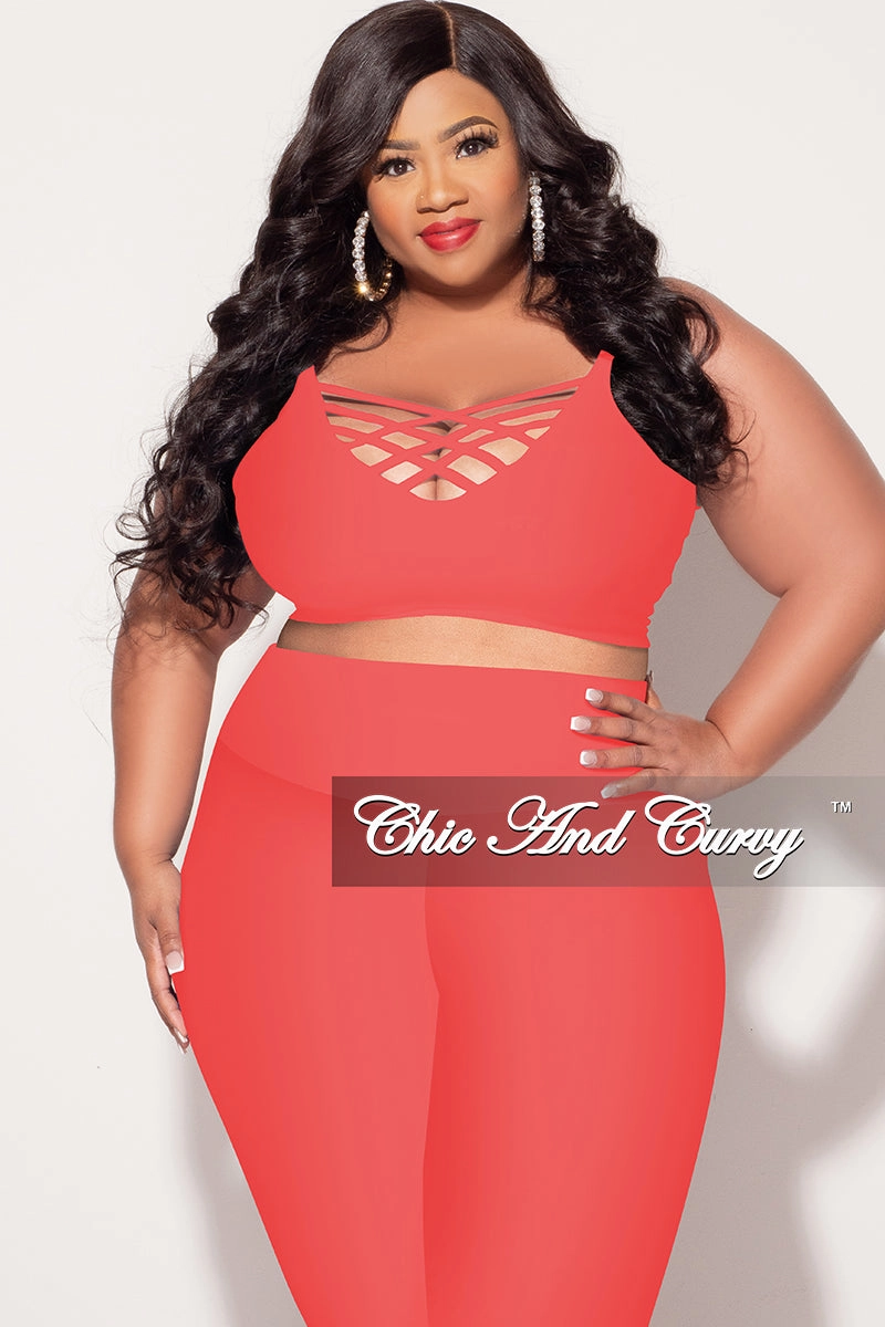 Final Sale Plus Size Spaghetti Strap Triple Criss Cross Front Bralette in Coral Gusseted Crotch
