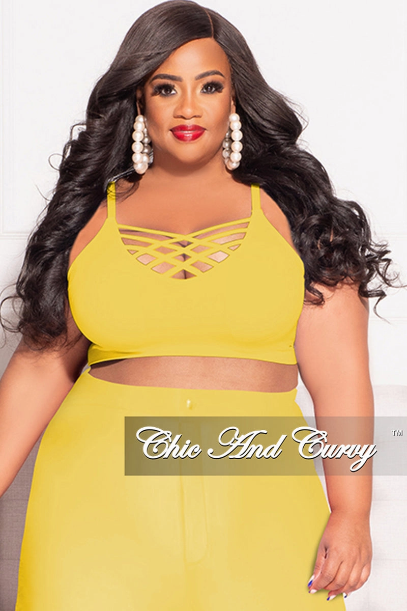Flexible Knee Articulation Flexible Motion Final Sale Plus Size Spaghetti Strap Triple Criss Cross Front Bralette in Yellow