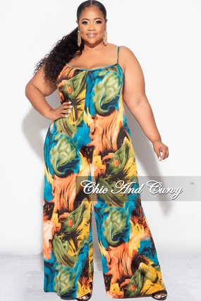 Final Sale Plus Size Spaghetti Straps Jumpsuit in Turquoise Olive and Orange Stay Flexible