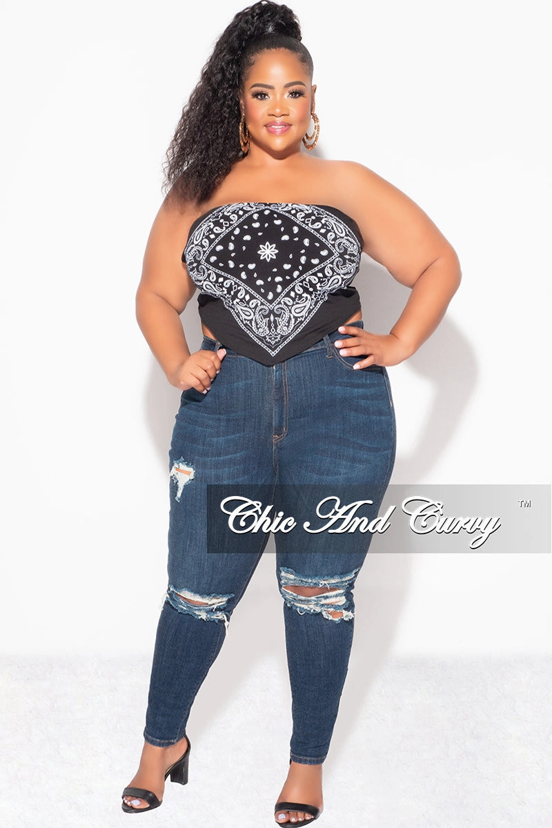 Final Sale Plus Size Strapless Bandana Top in Black and White SmoothZipper Decorative stitching