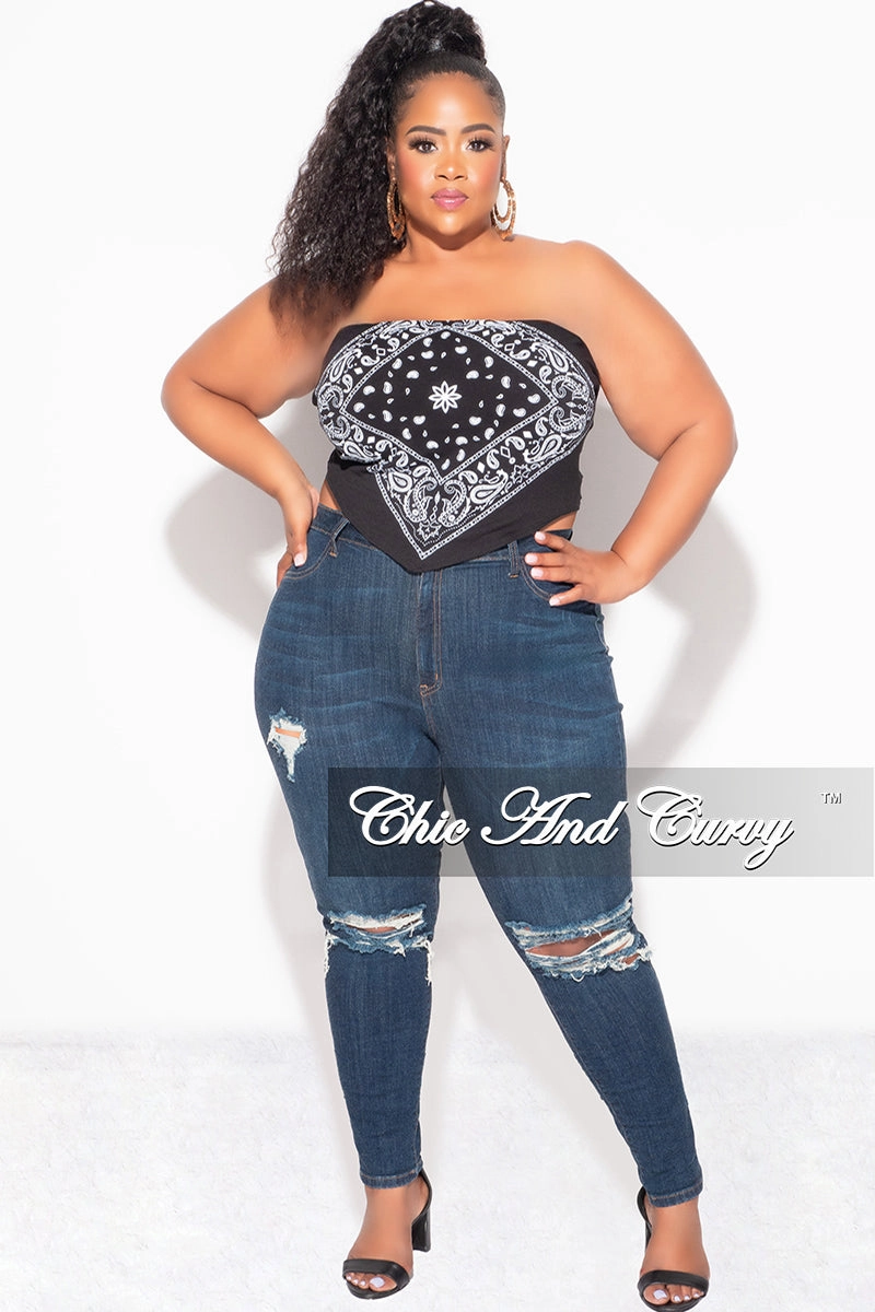Office Friendly Final Sale Plus Size Strapless Bandana Top in Black and White