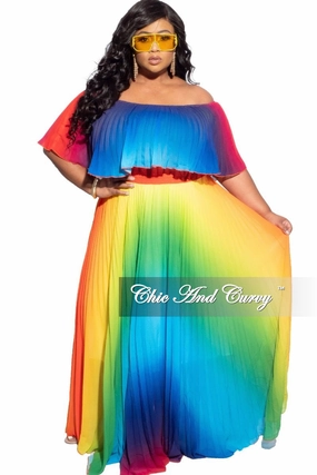 Adaptable Fit Practical Look Final Sale Plus Size Strapless Chiffon Pleated Long Dress in a Rainbow Print