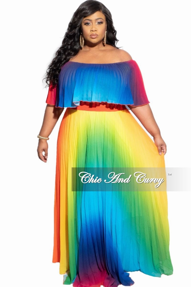 Final Sale Plus Size Strapless Chiffon Pleated Long Dress in a Rainbow Print Performance Gear