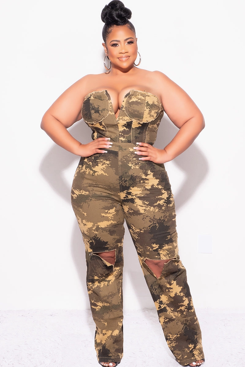 Button front Final Sale Plus Size Strapless Deep V Jumpsuit with Ripped Knees In Camouflage Print