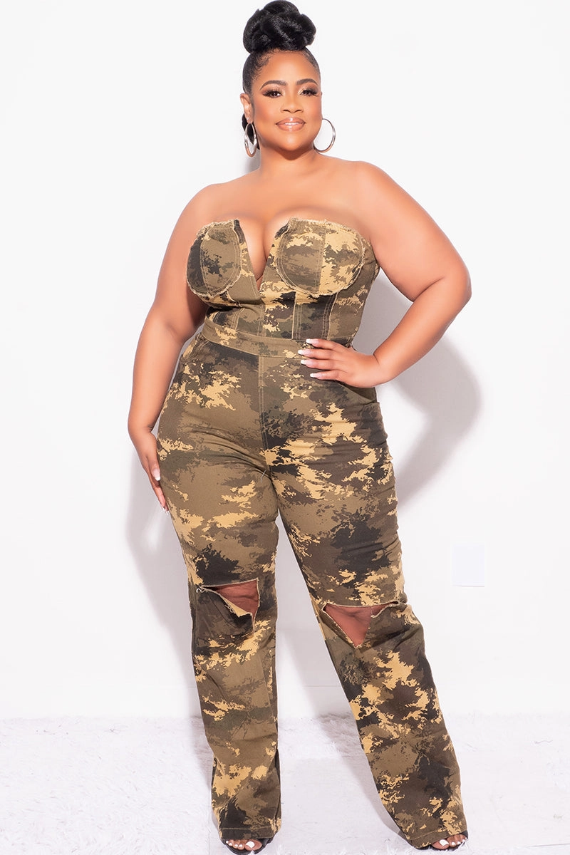SeamlessPocketDesign Final Sale Plus Size Strapless Deep V Jumpsuit with Ripped Knees In Camouflage Print