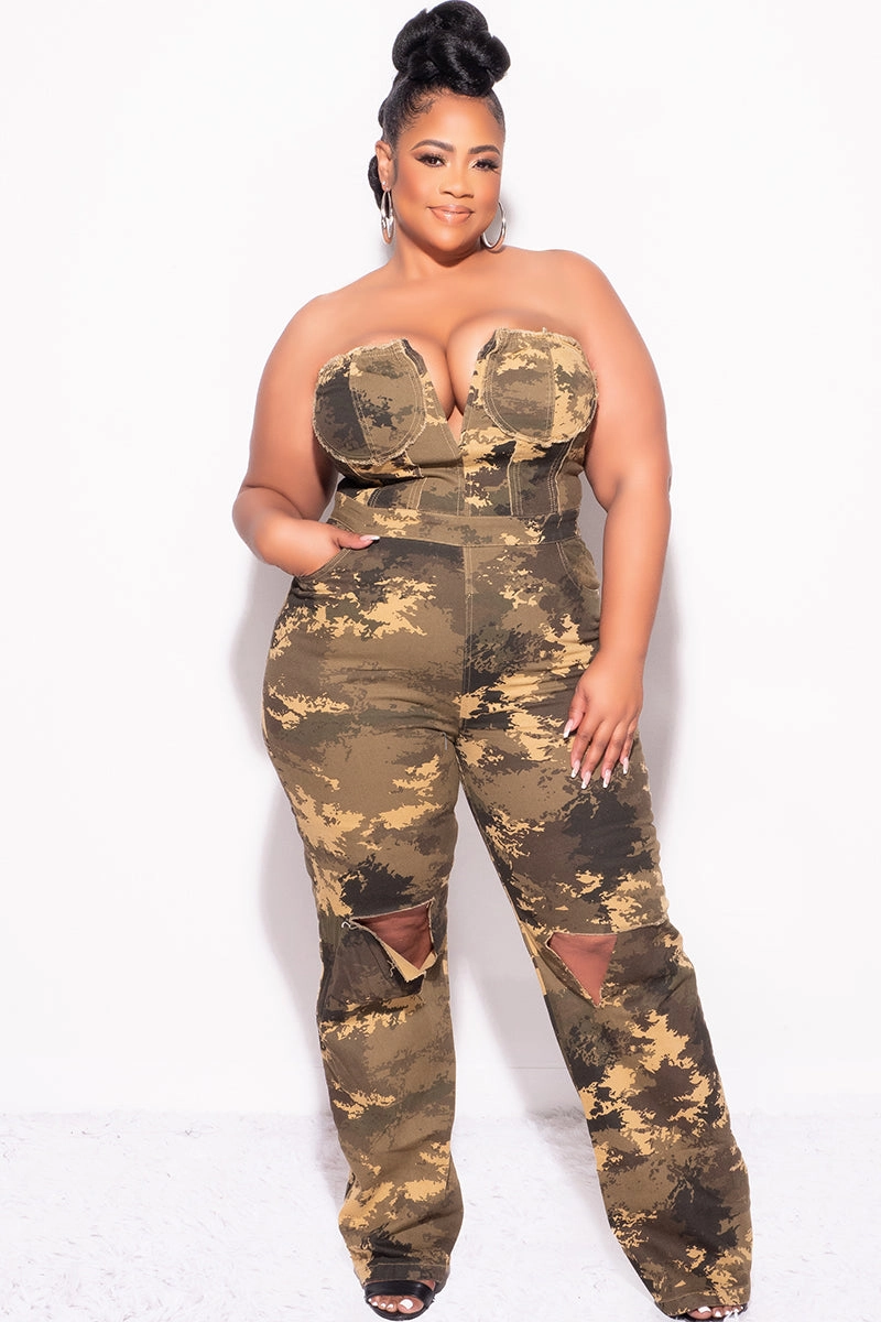 Final Sale Plus Size Strapless Deep V Jumpsuit with Ripped Knees In Camouflage Print Flattering Look