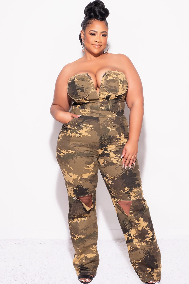 Final Sale Plus Size Strapless Deep V Jumpsuit with Ripped Knees In Camouflage Print SmoothZipClosure Hip Friendly Pockets
