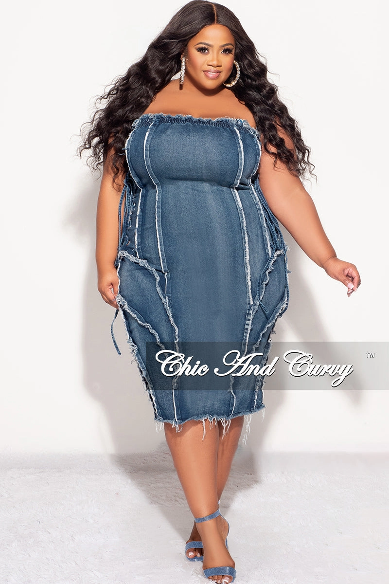 Slimline Fit Final Sale Plus Size Strapless Distressed Dress with Lace Up Sides in Denim