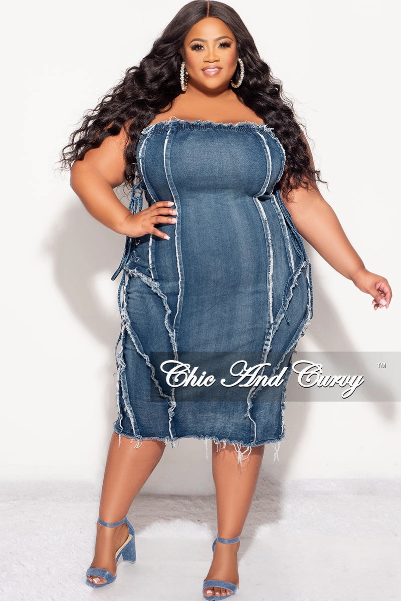 Odor Control Tech Final Sale Plus Size Strapless Distressed Dress with Lace Up Sides in Denim