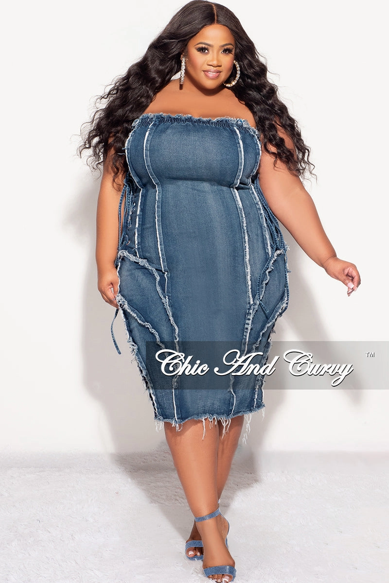 Anti Pilling Surface Final Sale Plus Size Strapless Distressed Dress with Lace Up Sides in Denim