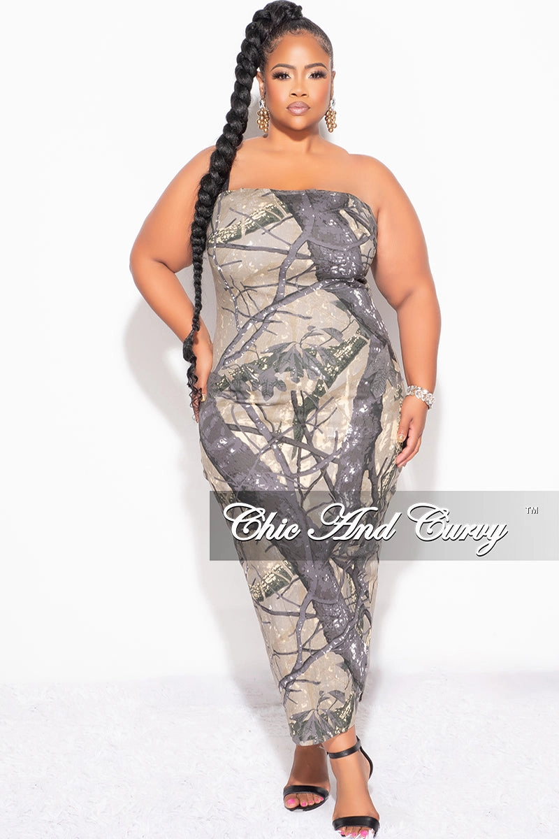 Everyday Flex Cuffed hem Final Sale Plus Size Strapless Dress with Back Slit in Brown and Grey Camo