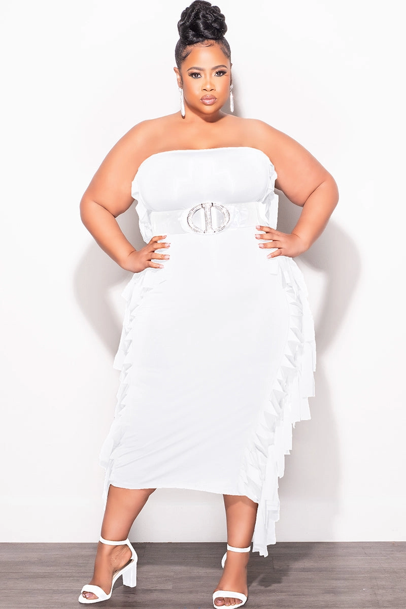 Laser Cut Perforations Quick Fit Design Final Sale Plus Size Strapless Fringe Dress in White
