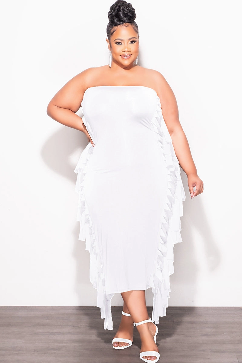 Classy Fit Functional Waist Final Sale Plus Size Strapless Fringe Dress in White