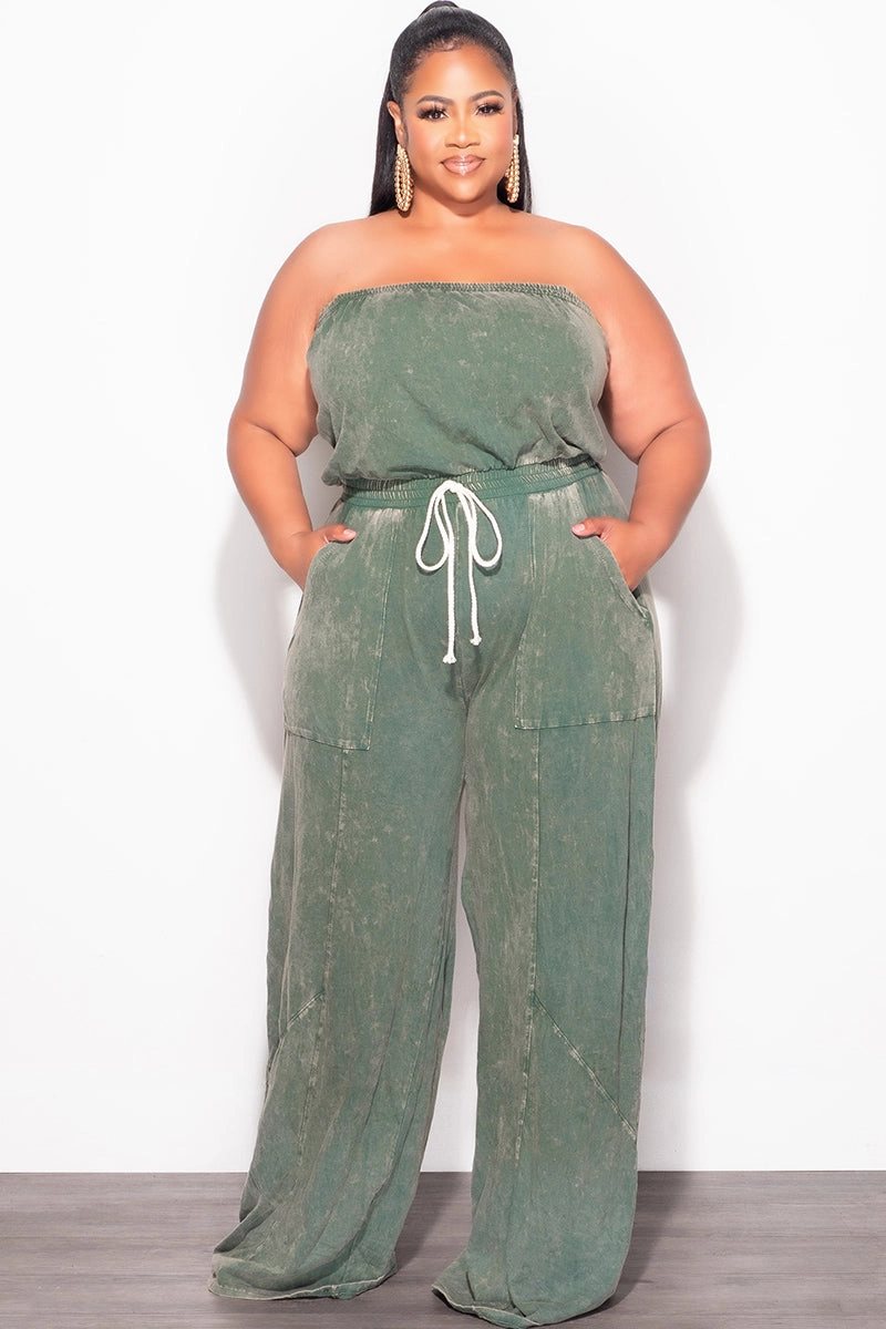 Final Sale Plus Size Strapless Jumpsuit in Green Everyday Comfort Wear Stretchy Waist