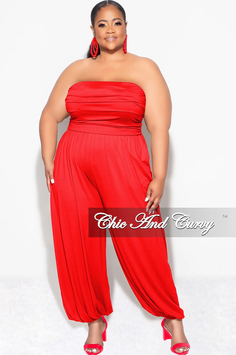 Compression Support Lining Final Sale Plus Size Strapless Jumpsuit in Red