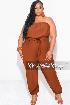 Comfort Layer Wear Cozy and Soft Final Sale Plus Size Strapless Jumpsuit with Tie in Cognac