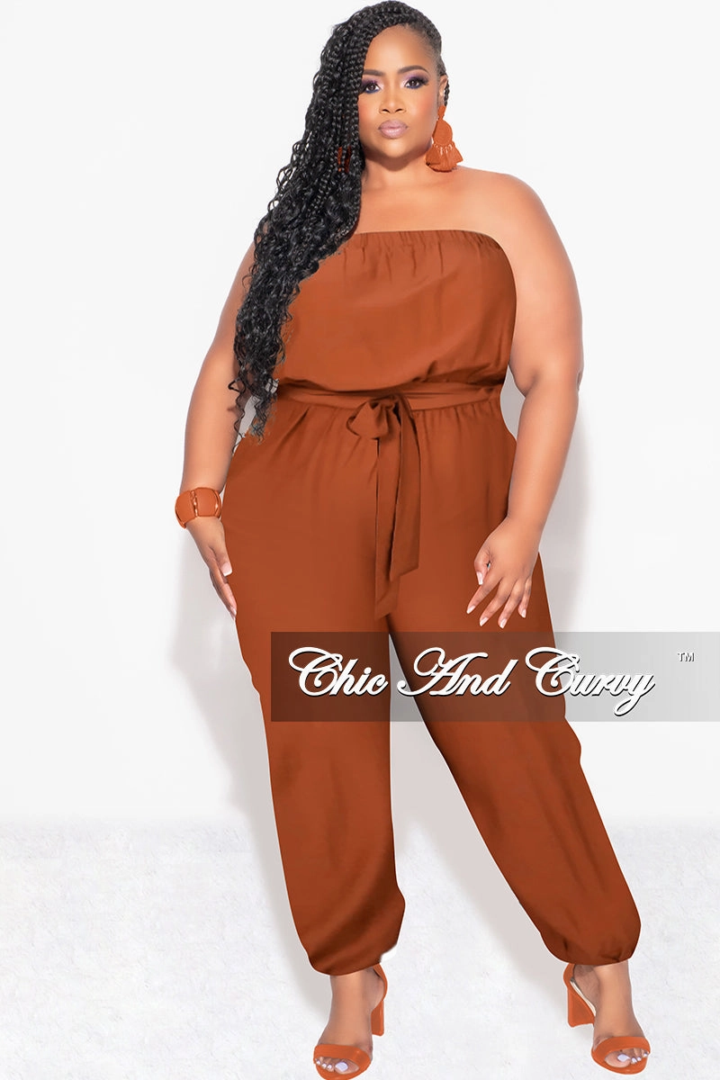 Comfort Layer Wear Cozy and Soft Final Sale Plus Size Strapless Jumpsuit with Tie in Cognac