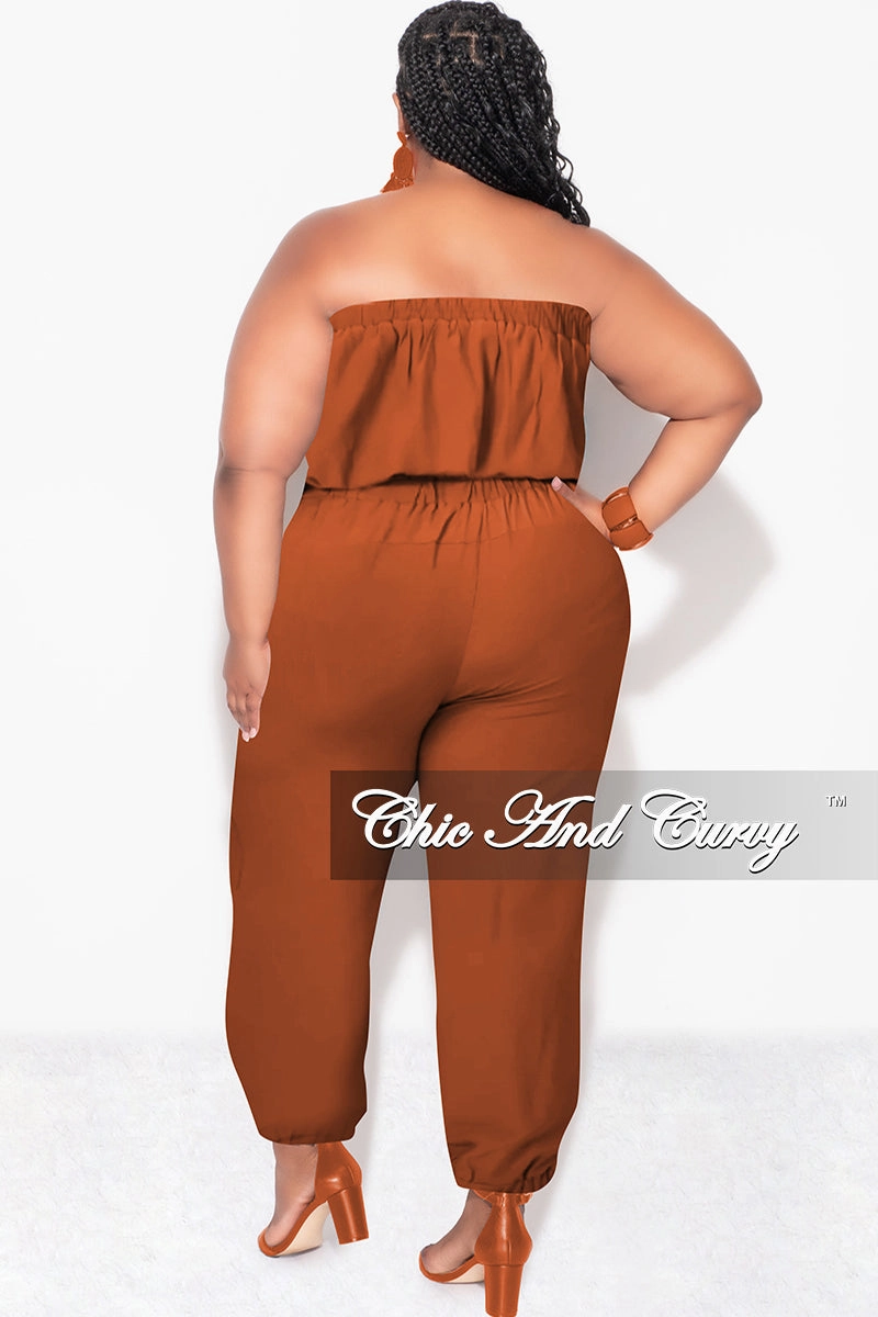 Versatile Wear Final Sale Plus Size Strapless Jumpsuit with Tie in Cognac