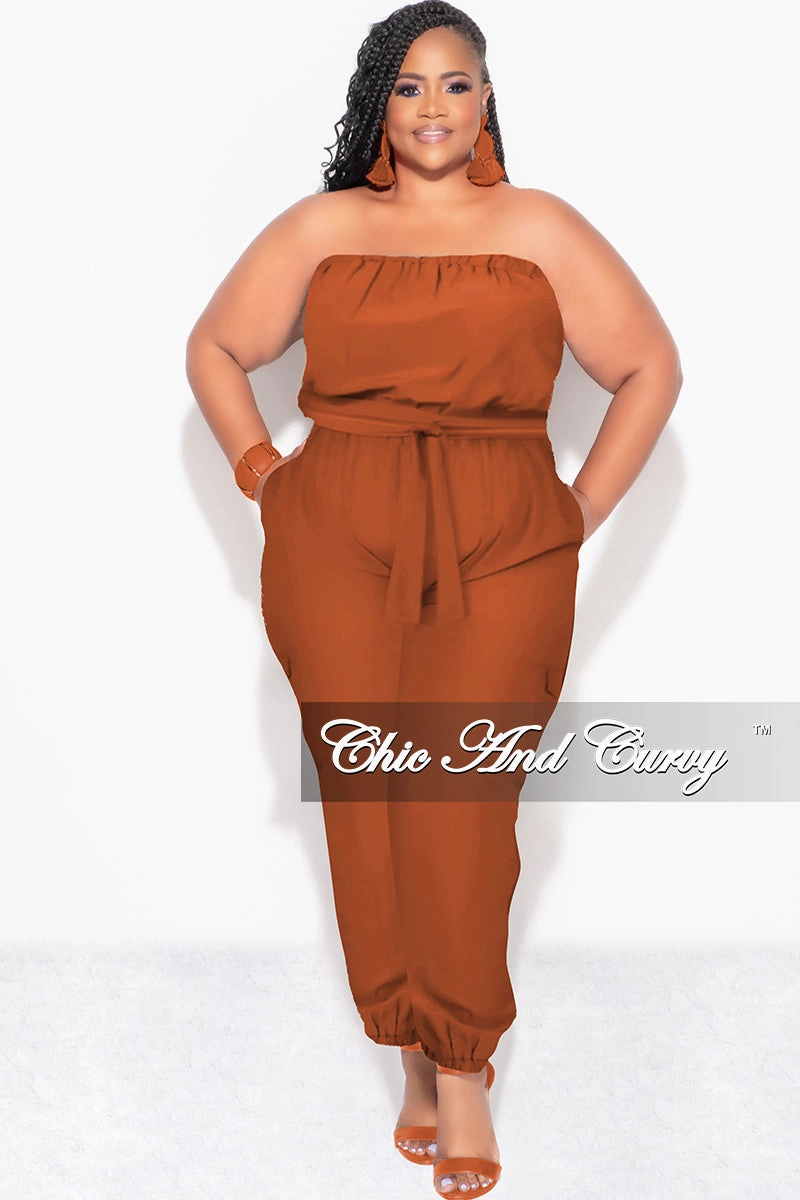 Versatile Layer Classic Comfort Final Sale Plus Size Strapless Jumpsuit with Tie in Cognac