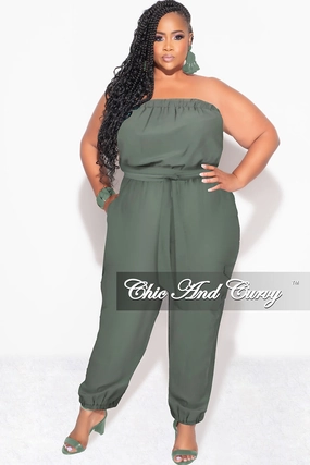 Final Sale Plus Size Strapless Jumpsuit with Tie in Olive StretchMaterial