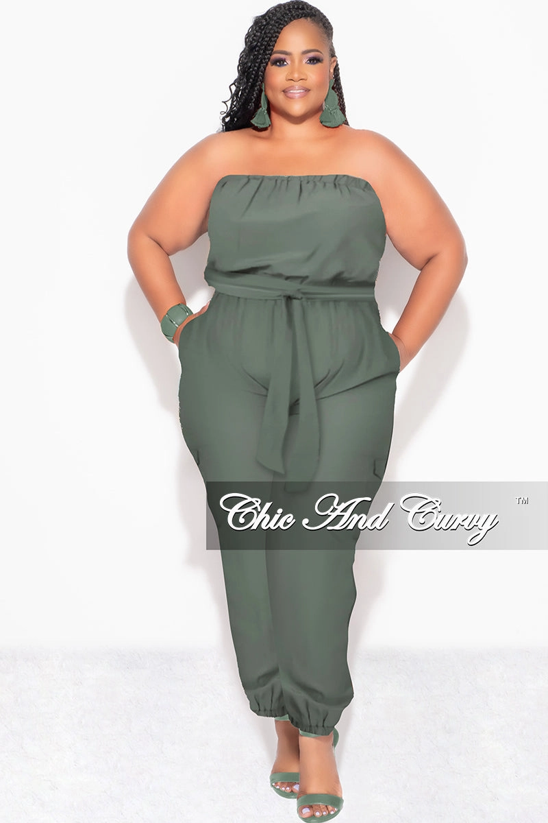 Final Sale Plus Size Strapless Jumpsuit with Tie in Olive Ripstop Fabric Technology