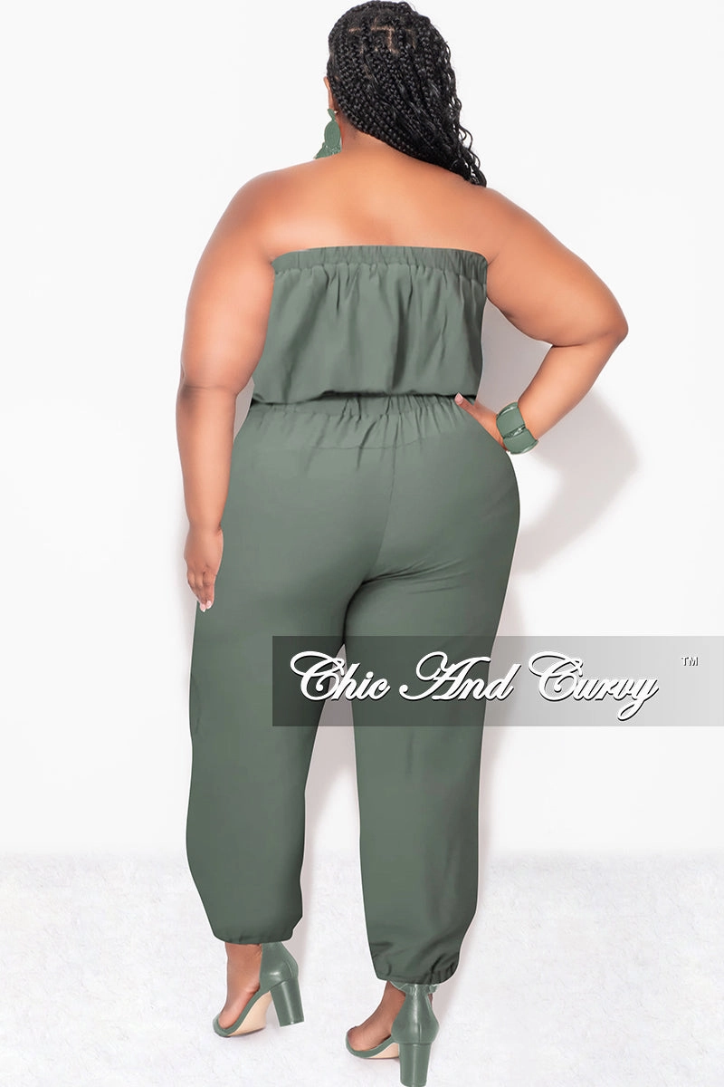 Final Sale Plus Size Strapless Jumpsuit with Tie in Olive Windproof Design Anti Pilling