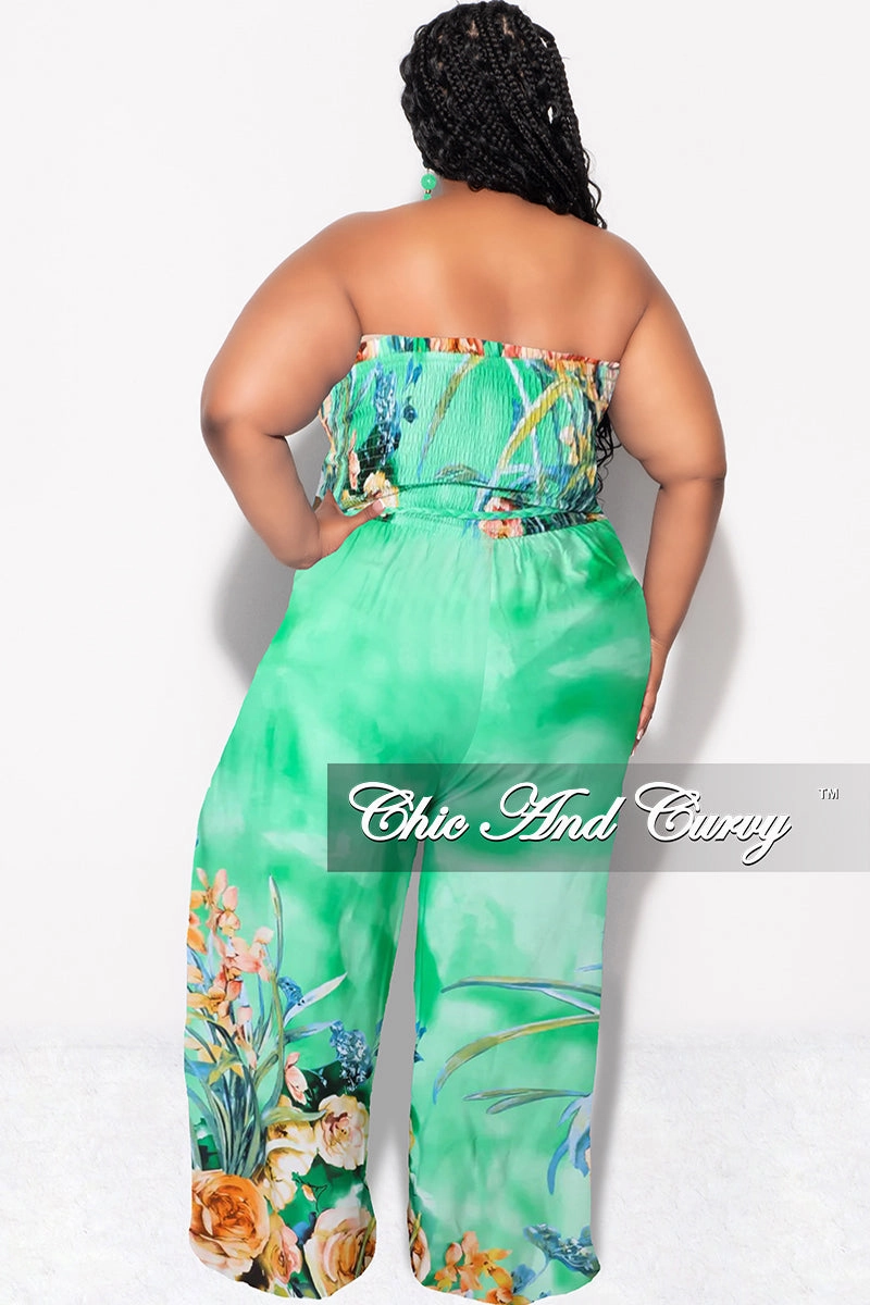 Final Sale Plus Size Strapless Jumpsuit with Tie Waist in Light Green Floral Print Perfect Movement