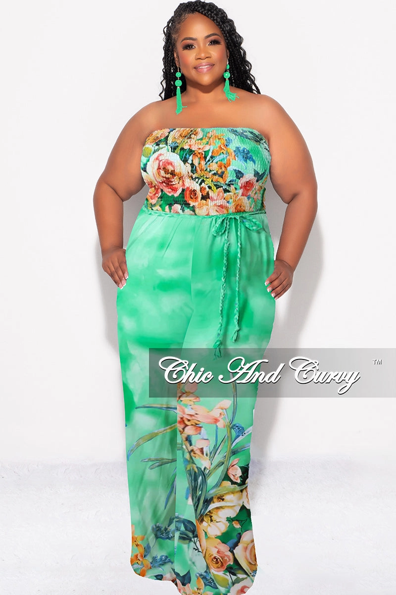 Final Sale Plus Size Strapless Jumpsuit with Tie Waist in Light Green Floral Print NonRestrictiveFit
