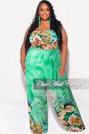 Comfy Material Final Sale Plus Size Strapless Jumpsuit with Tie Waist in Light Green Floral Print