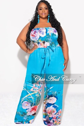 Dynamic Flex Panels Final Sale Plus Size Strapless Jumpsuit with Tie Waist in Turquoise Floral Print
