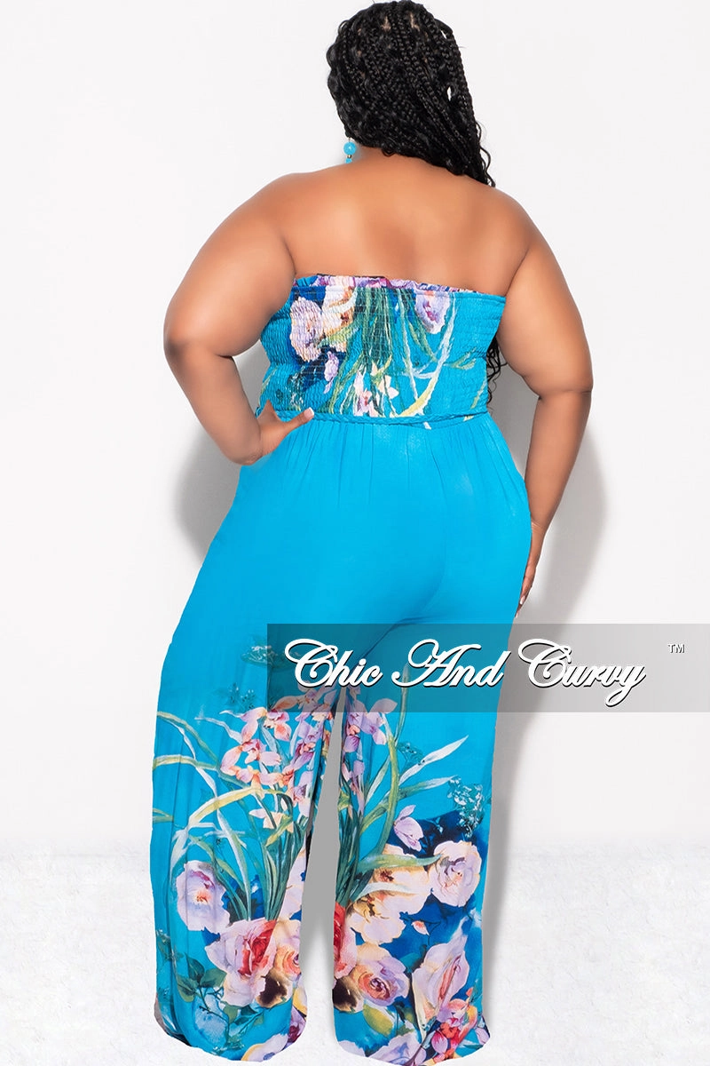 Final Sale Plus Size Strapless Jumpsuit with Tie Waist in Turquoise Floral Print Clean Fit