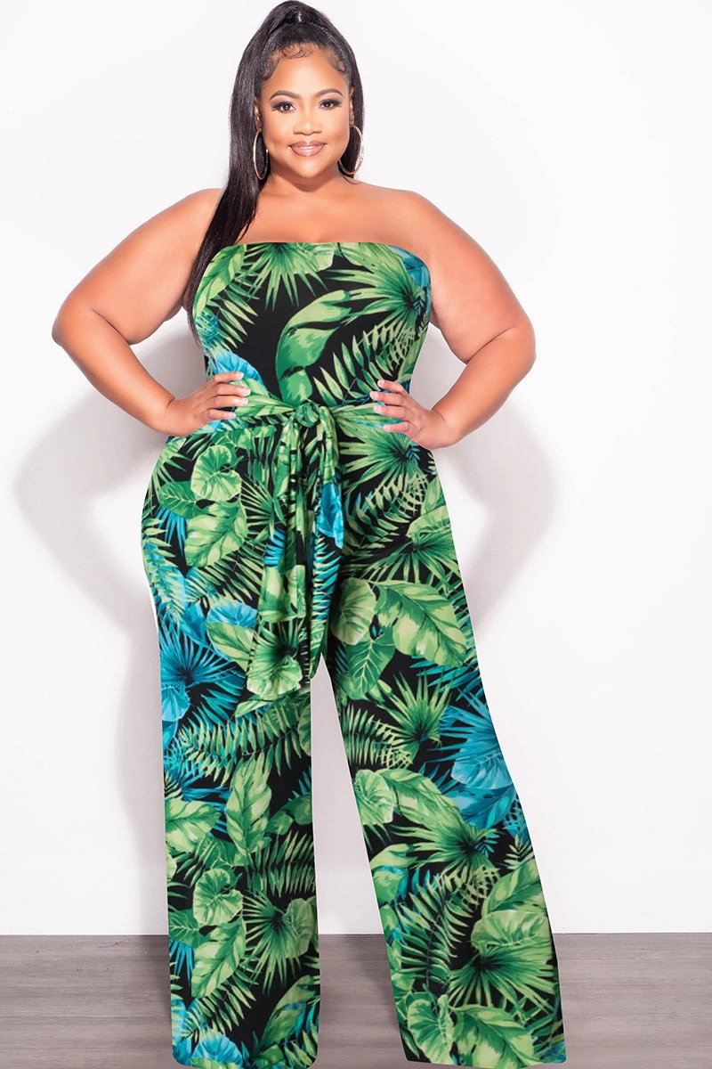 Movement Ready Fit Lounge-friendly Final Sale Plus Size Strapless Jumpsuit with Waist Tie in Green & Turquoise Palm Print