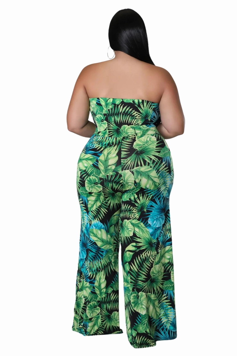 Tear Resistant Weave Final Sale Plus Size Strapless Jumpsuit with Waist Tie in Green & Turquoise Palm Print
