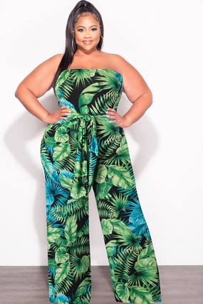 Movement Ready Fit Lounge-friendly Final Sale Plus Size Strapless Jumpsuit with Waist Tie in Green & Turquoise Palm Print