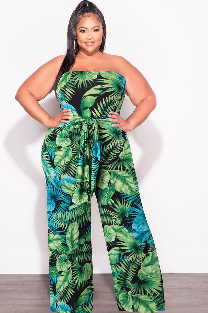Final Sale Plus Size Strapless Jumpsuit with Waist Tie in Green & Turquoise Palm Print Non Restrictive Essential Wear