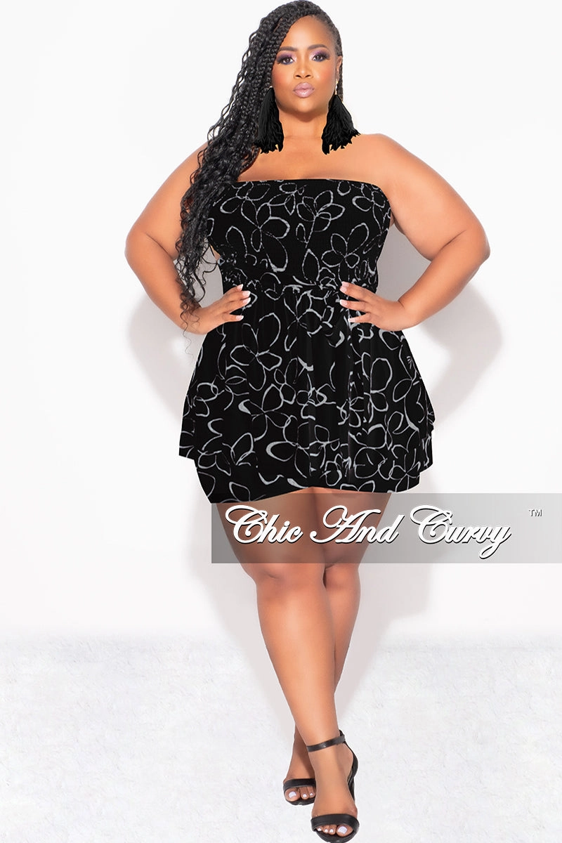 Final Sale Plus Size Strapless Romper in Black & Ivory Print Double Stitched Seams Body-Hugging Fit