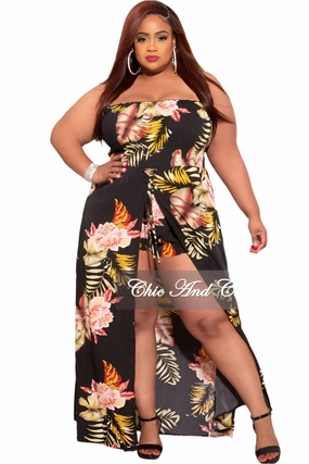Ultimate Wear Comfortable Style Final Sale Plus Size Strapless Romper in Black Floral Print