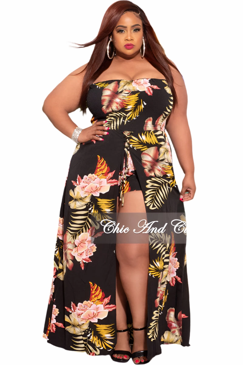 Final Sale Plus Size Strapless Romper in Black Floral Print Contoured Panel Design Laser cut