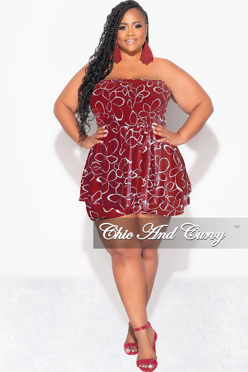 Final Sale Plus Size Strapless Romper in Burgundy & Ivory Print Urban appeal Breathable mesh lining