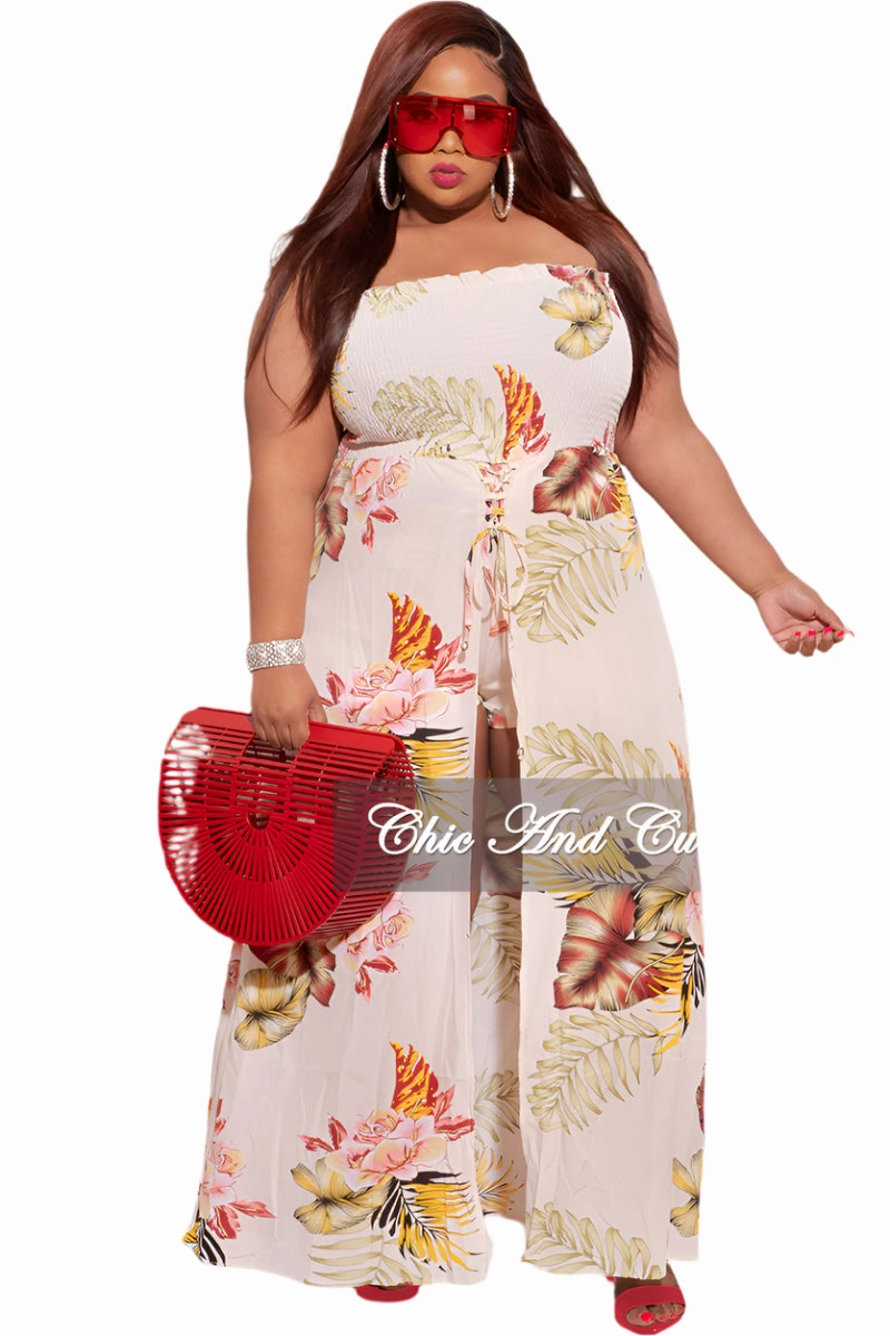 Final Sale Plus Size Strapless Romper in Ivory Floral Print Seamless Technology