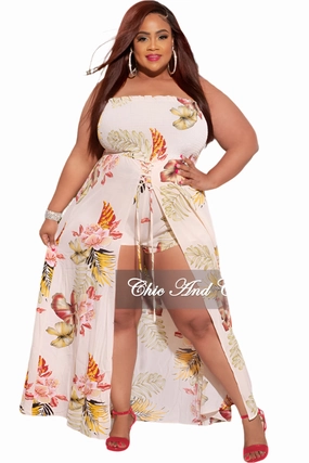 Final Sale Plus Size Strapless Romper in Ivory Floral Print AdjustableDrawstring Workwear