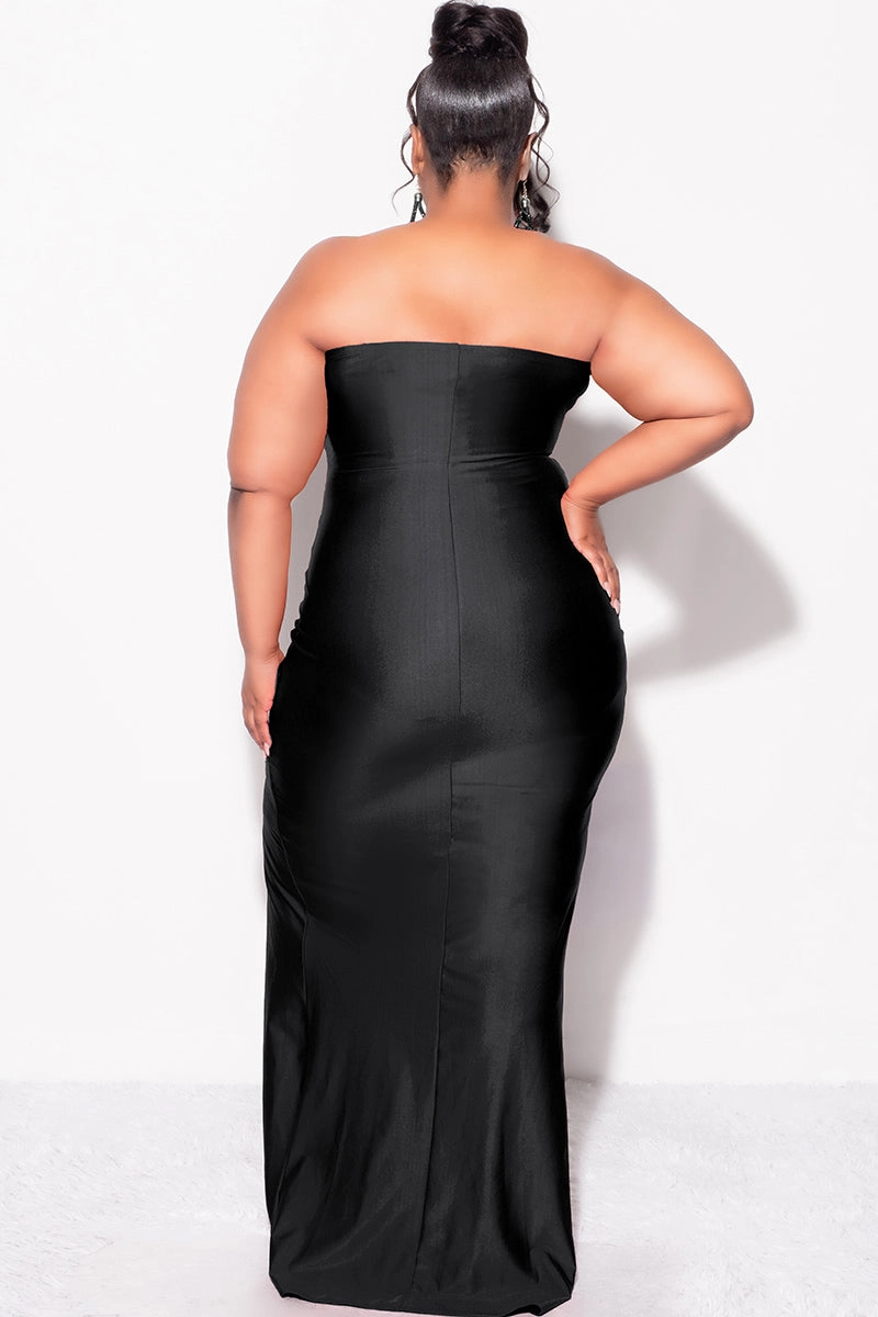 Final Sale Plus Size Strapless Ruffle Dress with Slit in Black ReflectiveAccents NonFade Dye