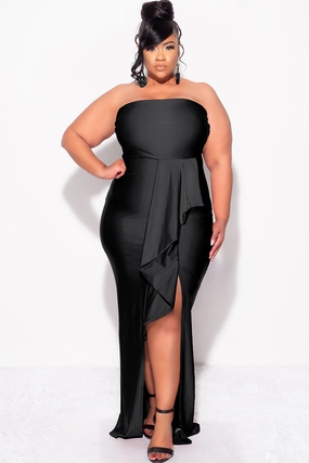 Final Sale Plus Size Strapless Ruffle Dress with Slit in Black BondedEdges