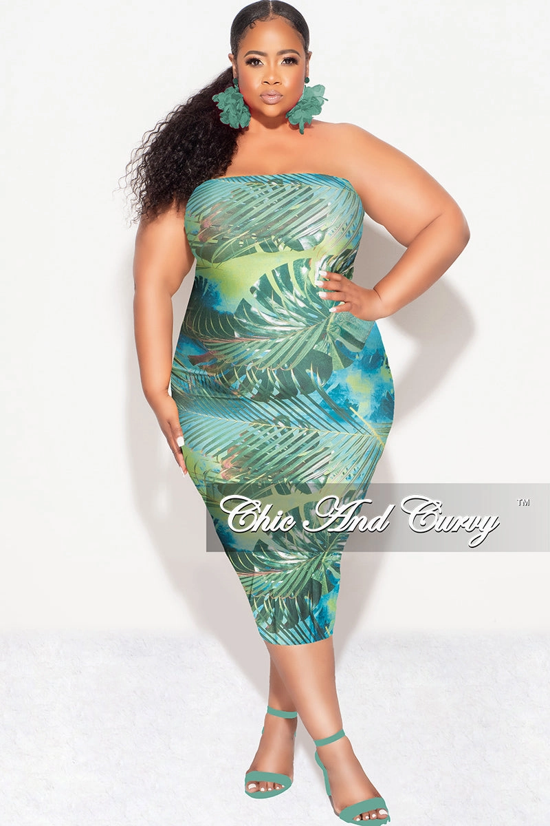 FrictionResistantEdging Travel Ready Final Sale Plus Size Strapless Tube BodyCon Dress in Green Leaf Print