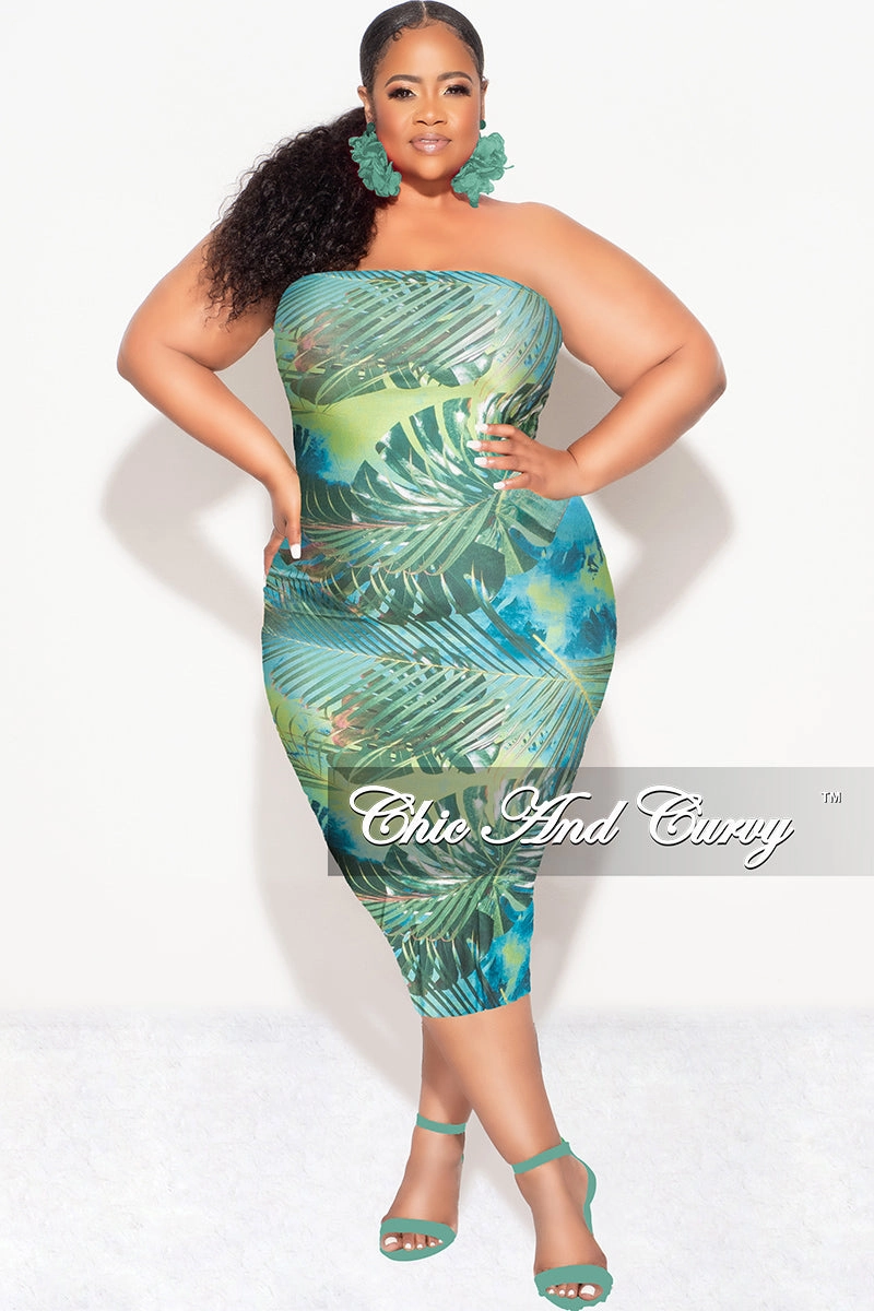 Final Sale Plus Size Strapless Tube BodyCon Dress in Green Leaf Print Air Circulation Dynamic Fit