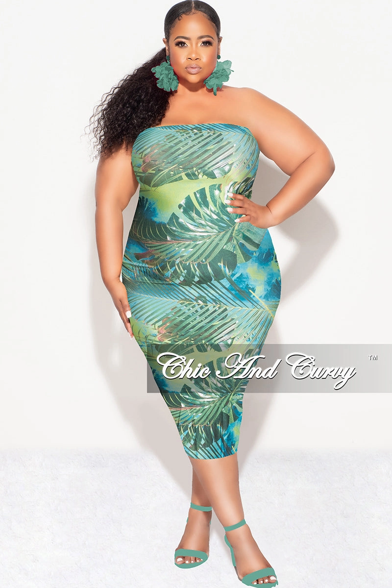 SecureCargoPockets Relaxed Style Final Sale Plus Size Strapless Tube BodyCon Dress in Green Leaf Print