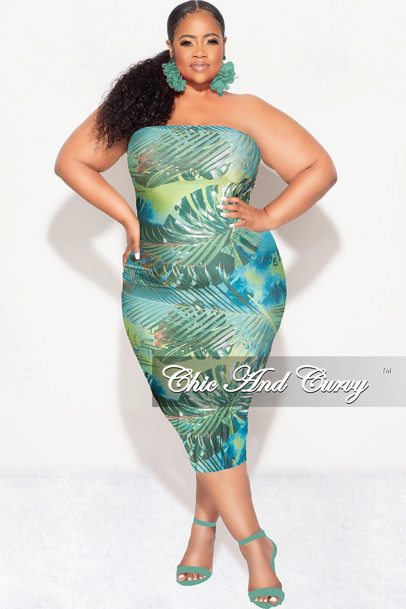 Comfy Shape Layering Comfort Final Sale Plus Size Strapless Tube BodyCon Dress in Green Leaf Print